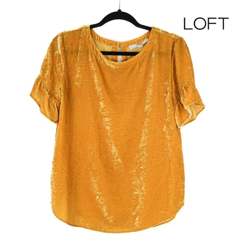 LOFT Womens Velvet Blouse Size Small Mustard Yellow Flutter Sleeves